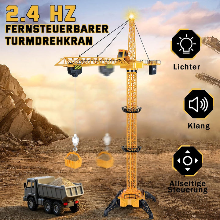 Herefun Ferngesteuerte Turmkran, 128 cm Hohe 2,4 Hz Turmdrehkran, 6 Kanäle Tower Crane Elektrisch, R