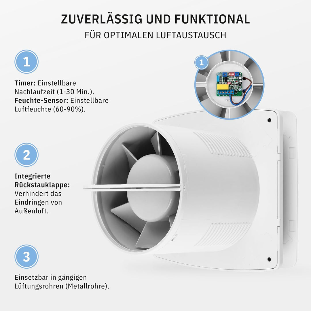 BREEZE Badlüfter 150mm Mit Nachlauf Und Rückstauklappe, Badlüfter Mit Feuchtigkeitssensor, Energieef