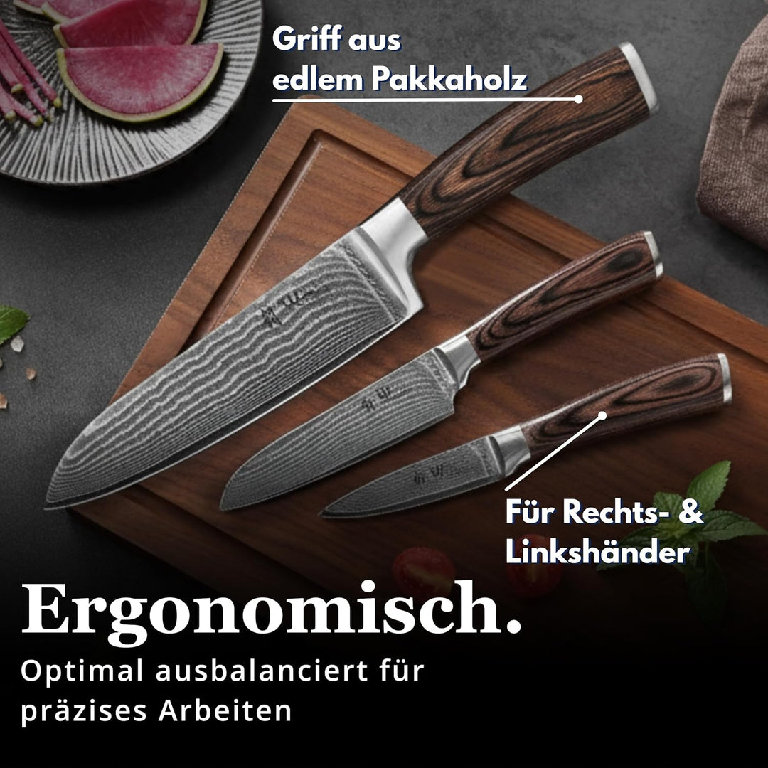 Wakoli Edib 3er Damastmesser-Set mit Klingenlängen von 8,50cm bis 17,00cm extrem scharf aus 67 Lagen