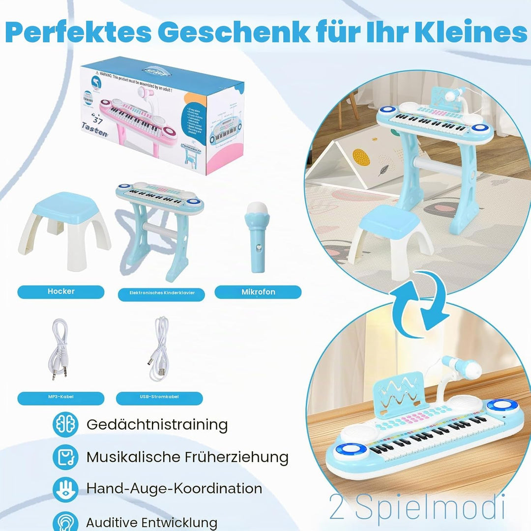KOMFOTTEU 37 Tasten Kinderklavier Set, Elektronisches Klavier mit Lichteffekten und verstellbarem Mi
