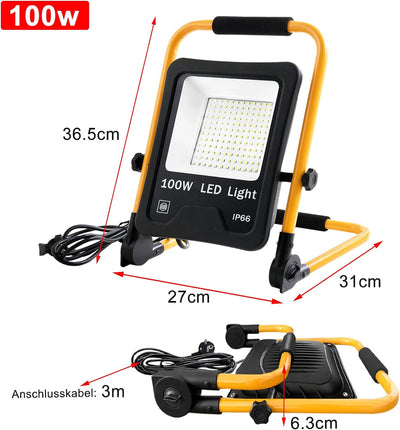 UISEBRT LED Baustrahler 100W 8500LM - LED Arbeitsleuchte Tragbar LED Fluter Floodlight Wasserdicht I