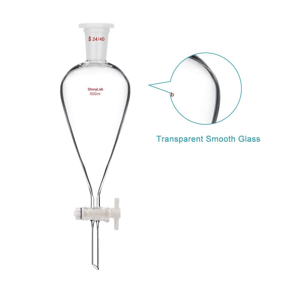 StonyLab 500 ml Trichter aus Borosilikatglas, Separatory Funnel, Schwerwandig Konisch mit 24/40 Gele