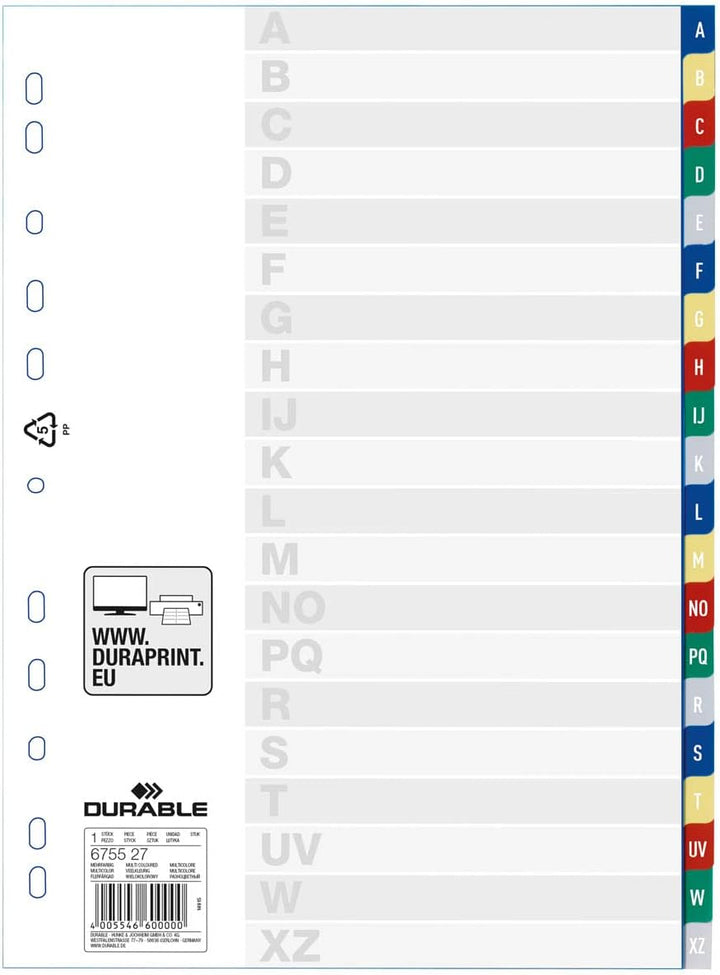 Durable Register mit geprägten Taben A-Z, Universallochung, 20 Stück, farbiger Verlauf, 675527, A-Z