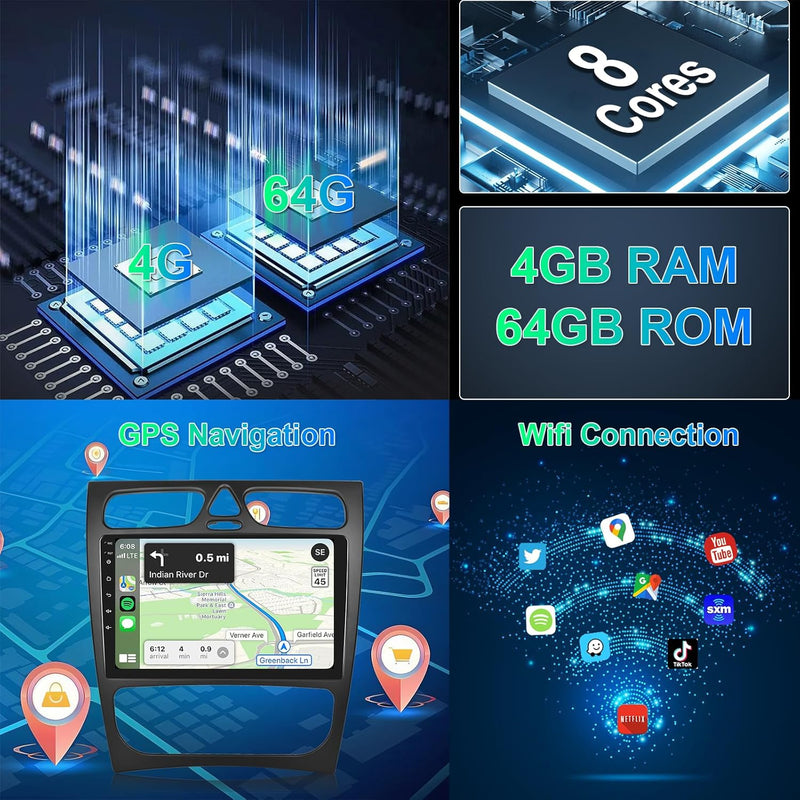 Hodozzy Autoradio 4G+64G für Mercedes-Benz C-Klasse/CLK W203 W209 C180 C200 CL203 C209 A209 2000-200