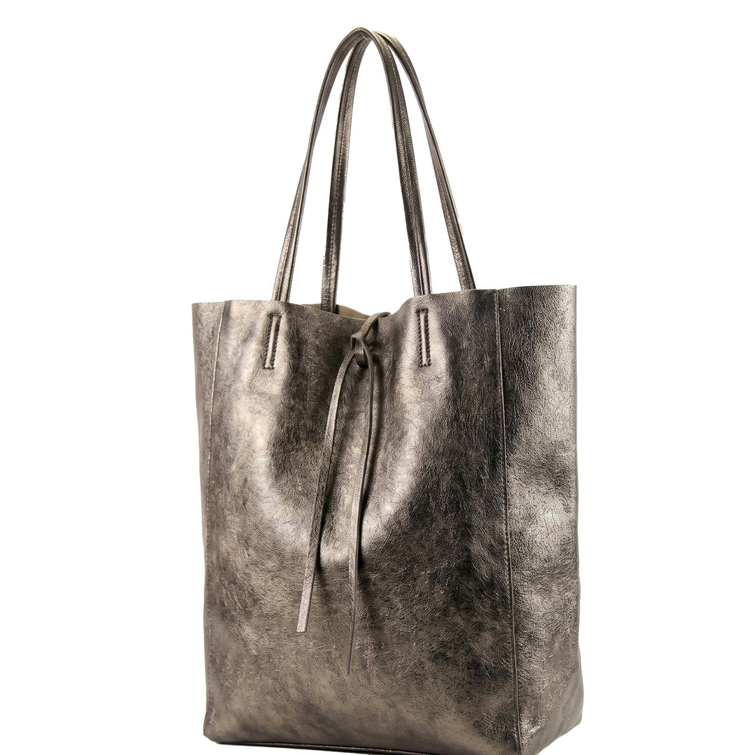 modamoda de T163 Damen Leder Shopper Schultertasche, handmade in Italy Altgd-met, Altgd-met
