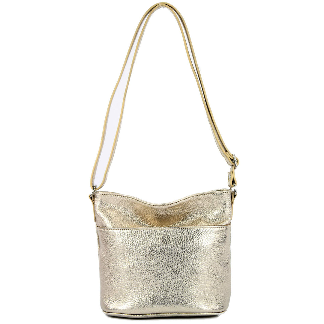 modamoda de - T198 - ital. Umhängetasche Klein Small aus Leder Lightgold Metallic, Lightgold Metalli