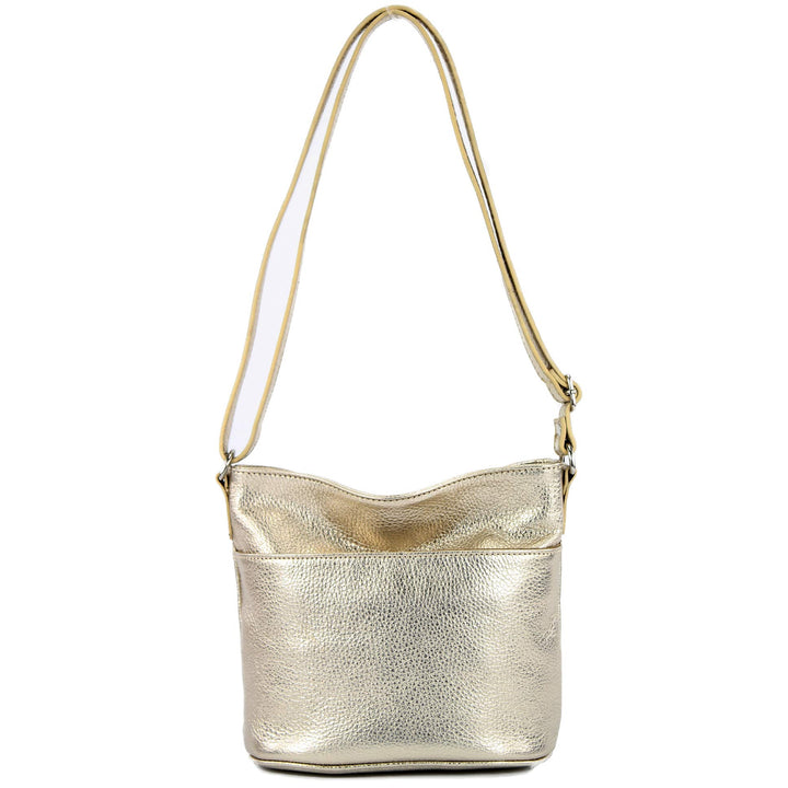 modamoda de - T198 - ital. Umhängetasche Klein Small aus Leder Lightgold Metallic, Lightgold Metalli