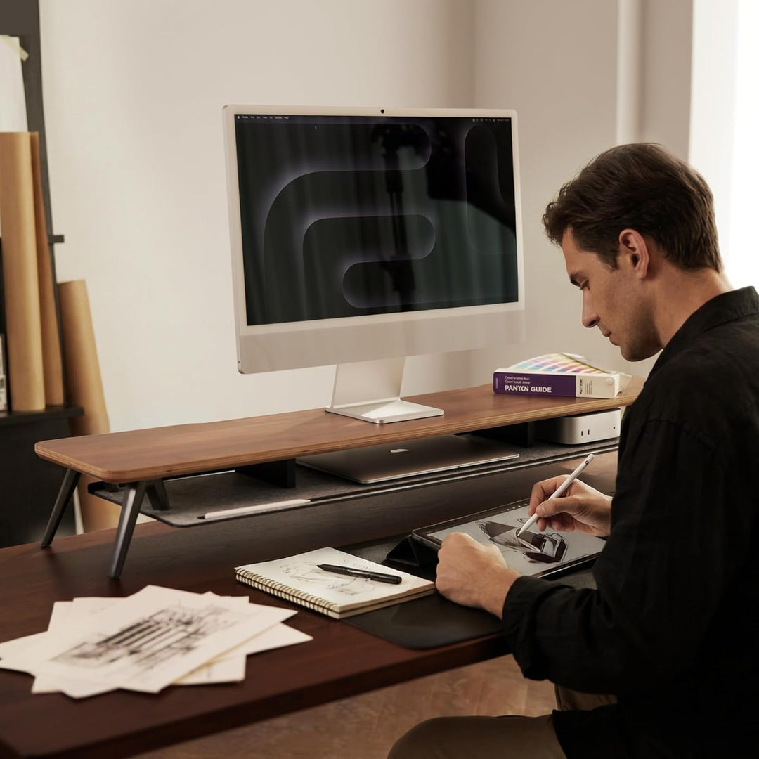 Fenge Monitorständer 108 cm, Massivholz, Doppel-Monitorerhöhung, mit Tablet/Handy/Stifthalter und Or