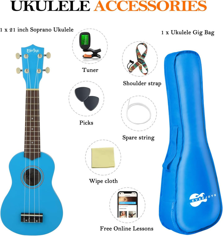 Everjoys Sopran Ukulele Set für Kinder und Erwachsene 21 Zoll Ukulele Starter Kit mit Tasche, Tuner,