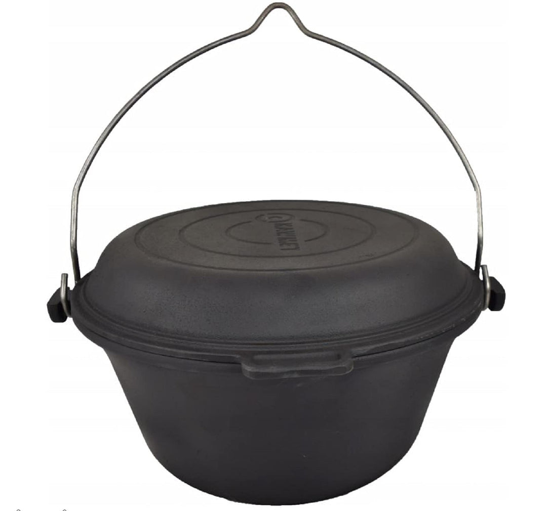 Ungarischer Kessel Gusseisen Dutch Oven Dreibein Deckel Feuertopf mit Pfanne Dreifuss 9 L