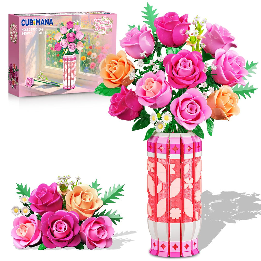 Romantischer Rosa Rosenstrauss-Bausatz mit Vase und LED-Licht, 845 PCS Blumen-Baustein-Spielzeug, Ge