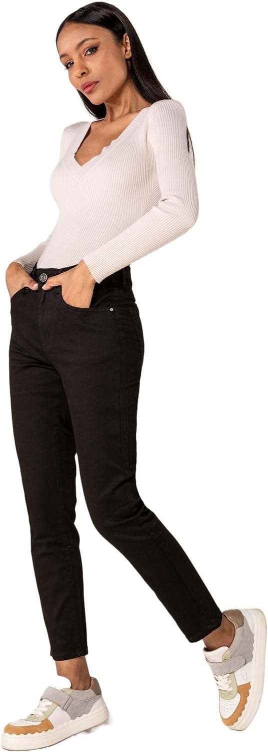 P210 Damen Mom Jeans High Waist Jeanshosen Used-Look Stretchjeans, XS Schwarz (P210-1)