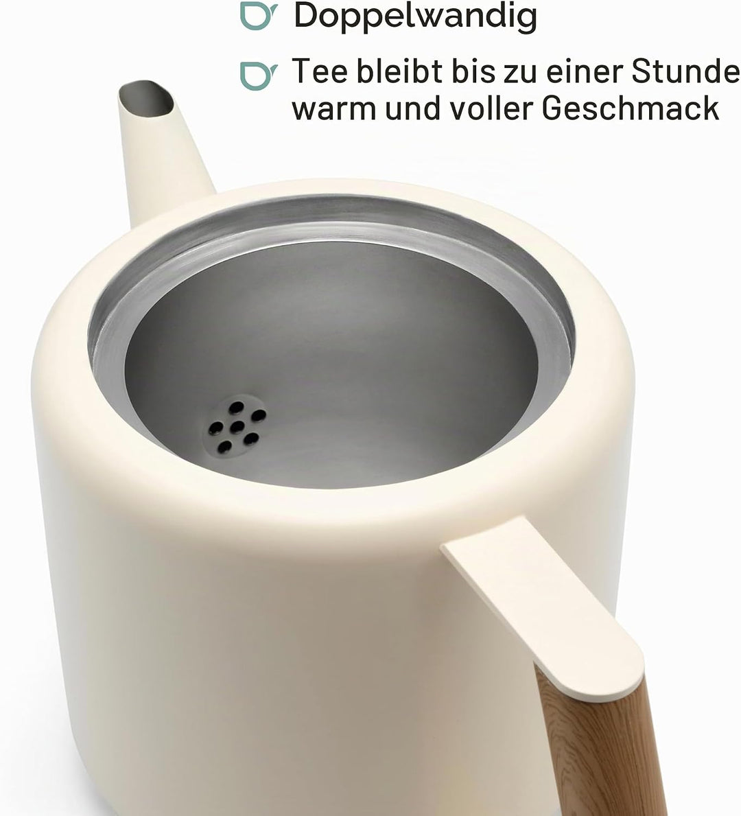 doppelwandige Creme-weisse Edelstahl Teekanne 1.1 Liter - isolierende Kanne für längeren Teegenuss 1