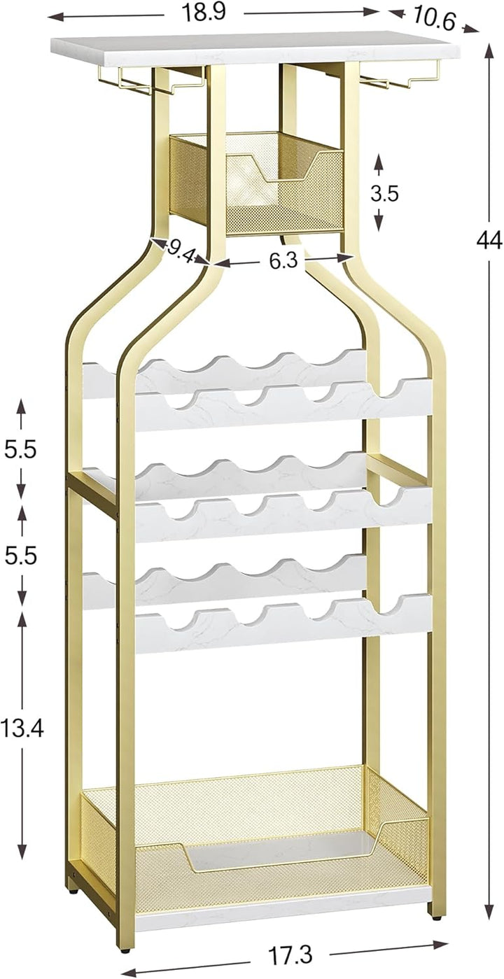 Garvee Weinregal Gold mit Glashalter, freistehendes Flaschenregal für 12 Flaschen, schmales Barregal