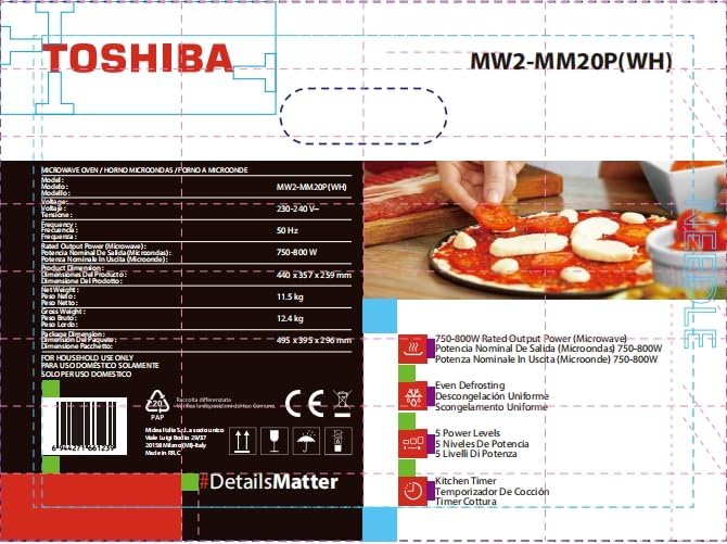 Toshiba MW2-MM20P(WH) Mikrowelle Standard, 20 Liter, 800 W, 5 Leistungsstufen mit praktischer Auftau
