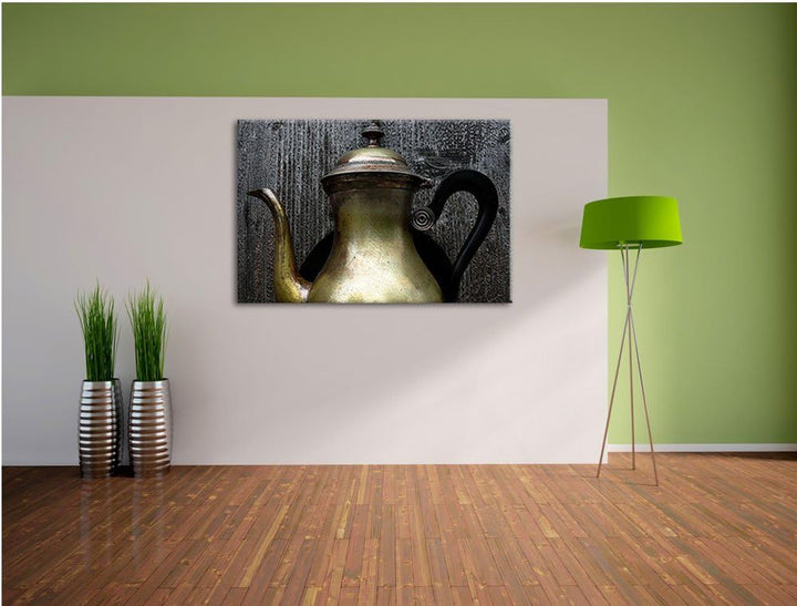 stilvolle alte Teekanne aus Metall auf Leinwand, XXL riesige Bilder fertig gerahmt mit Keilrahmen, K