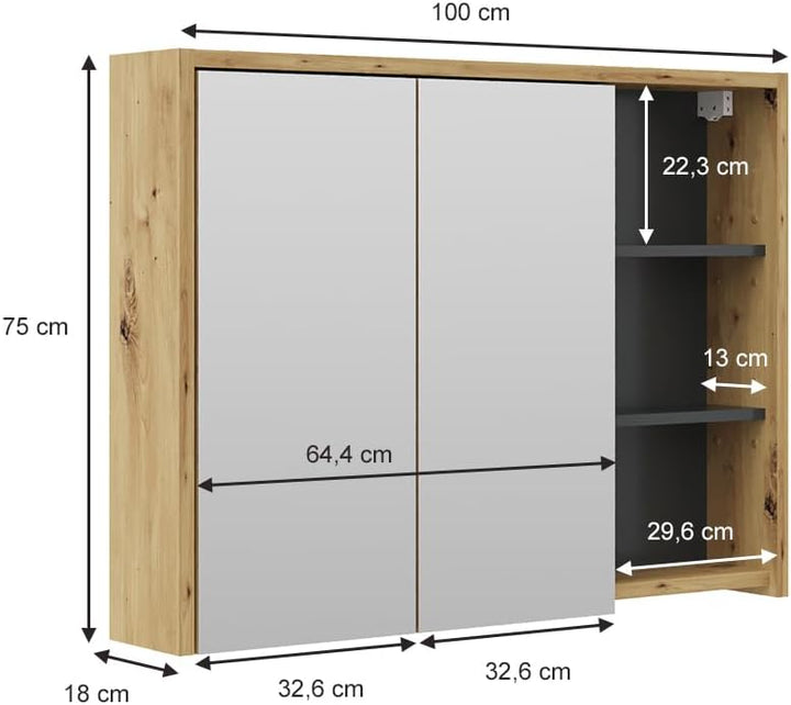 Vicco Bad Spiegelschrank Viola, Anthrazit/Eiche, 100 x 75 cm