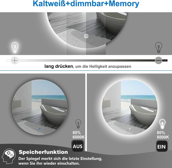 Aica Sanitär Runder Badspiegel mit Beleuchtung 80cm LED Spiegel Rund mit Helligkeit-dimmbar, Memory,