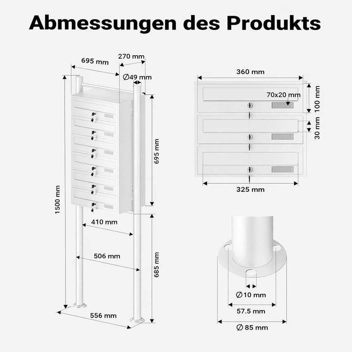 Wiltec 6er Briefkastenanlage weiss 270 x 513 x 1500 mm, Standbriefkasten mit 6 Fächern, Schlüssel un