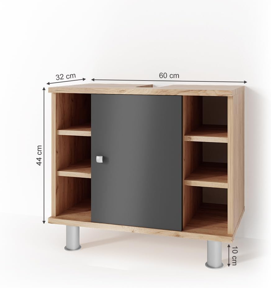 Vicco Waschbeckenunterschrank Fynn, Anthrazit/Goldkraft Eiche, 60 x 54 cm, mit Aussparung für Siphon