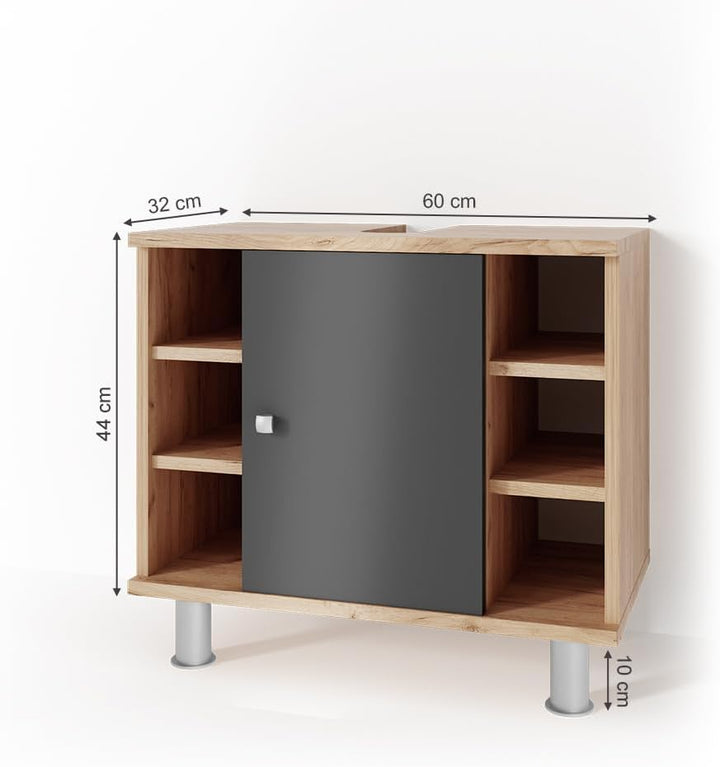 Vicco Waschbeckenunterschrank Fynn, Anthrazit/Goldkraft Eiche, 60 x 54 cm, mit Aussparung für Siphon
