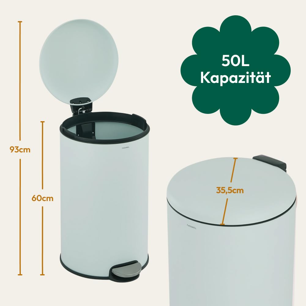CASABEL runder Küchenabfalleimer 50L, Edelstahl, Mintgrün | Pedalöffnung, Soft-Close, fingerabdruckr
