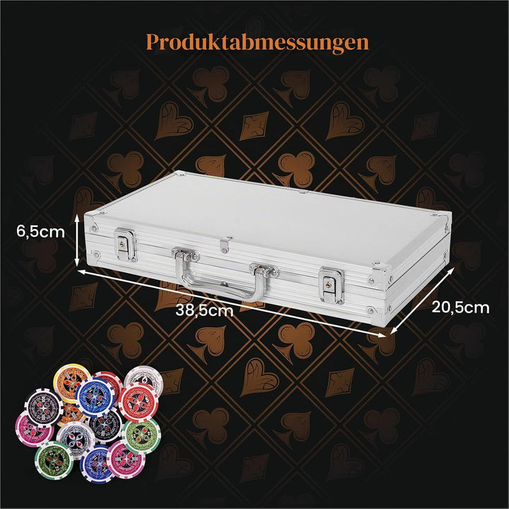 HOMASIS Pokerset mit 300 Chips, Alu Pokerkoffer mit 2 Kartendecks, 5 Würfeln, 1 Dealer Button, Poker