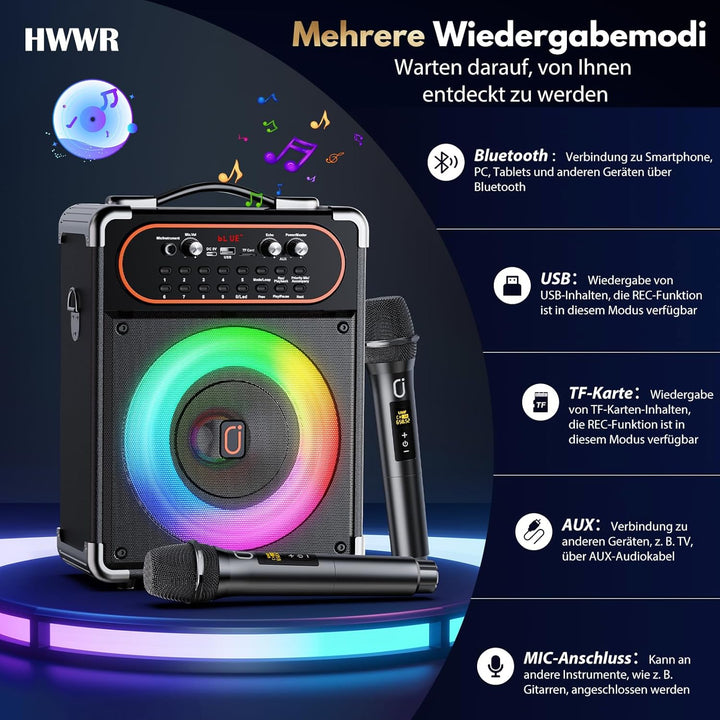 Karaoke Maschine mit 2 Mikrofonen, Tragbarer Kabelloser Lautsprecher Party Musik Box mit LED-Leuchte