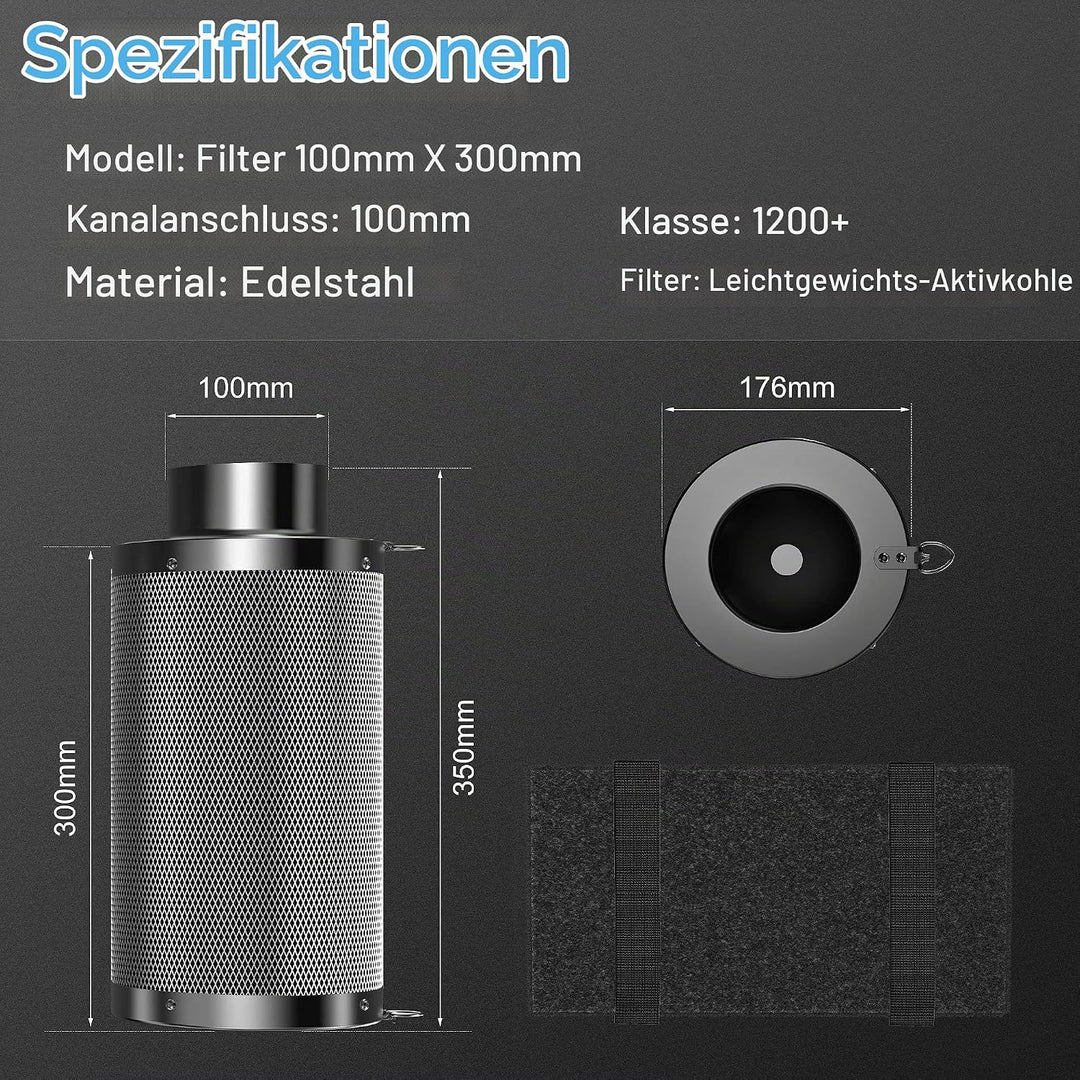 Hon&amp;Guan Aktivkohlefilter 100mm mit Leichtes Carbon 300mm Lang, 38mm Dickes Holzkohlebett für Geruch