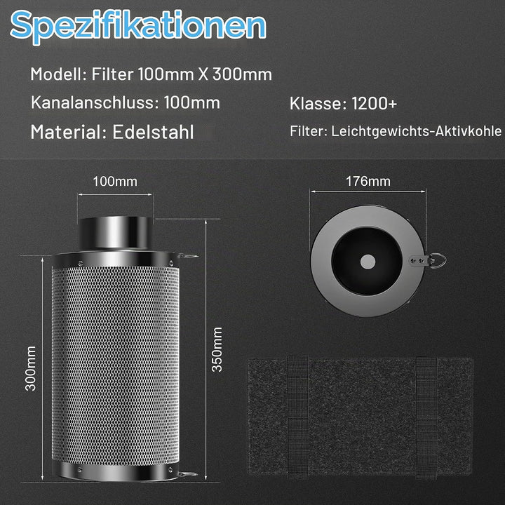 Hon&amp;Guan Aktivkohlefilter 100mm mit Leichtes Carbon 300mm Lang, 38mm Dickes Holzkohlebett für Geruch