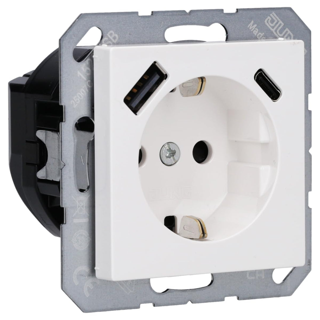 Jung A1520-15CAWW SCHUKO-Steckdose mit USB Typ AC (3A) mit erhöhtem Berührungsschutz (Thermoplast br