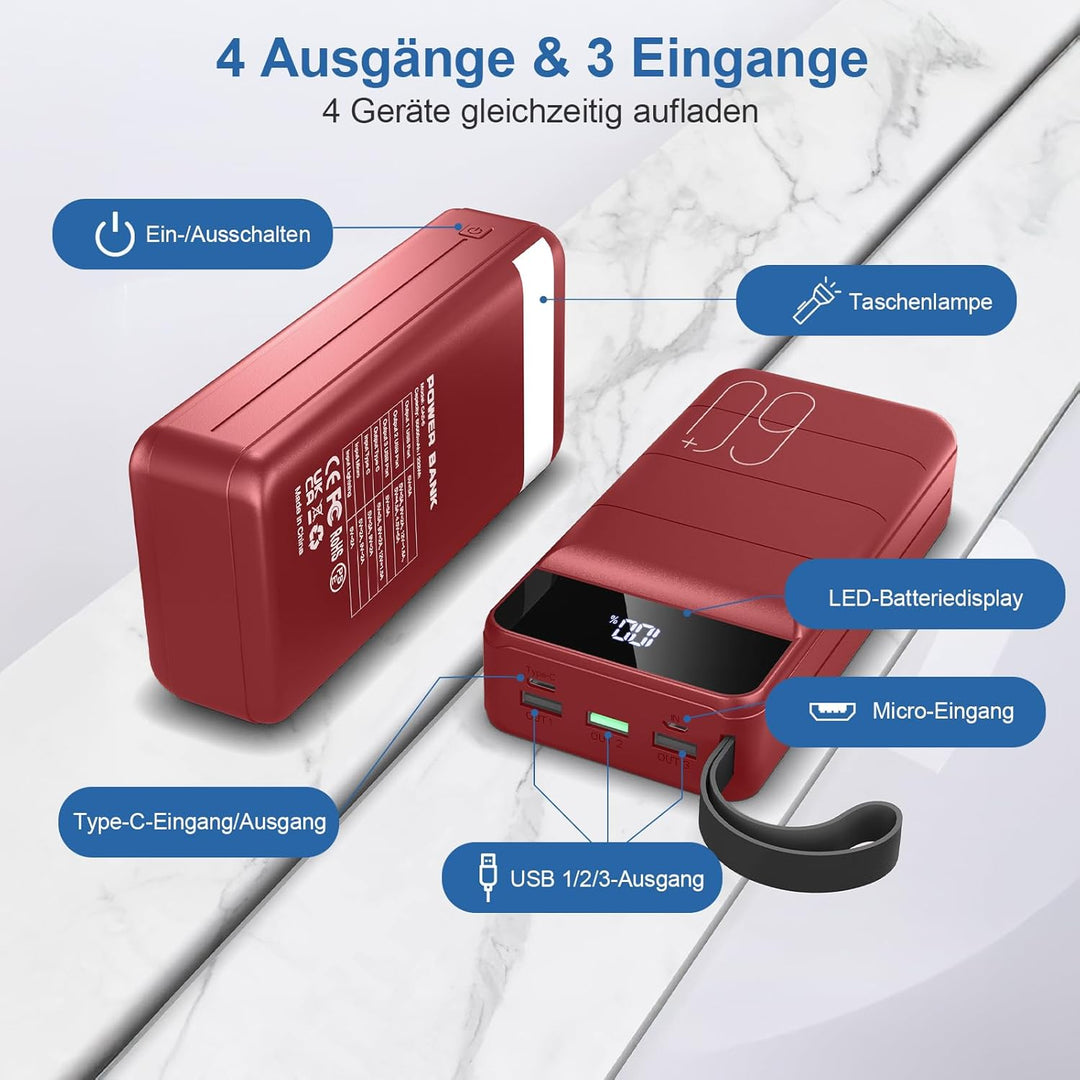 Power Bank 60000mah, 22,5W USB-C Schnellladegerät,Power Bank 4 Ausgängen 3 Eingängen, Externer Akku