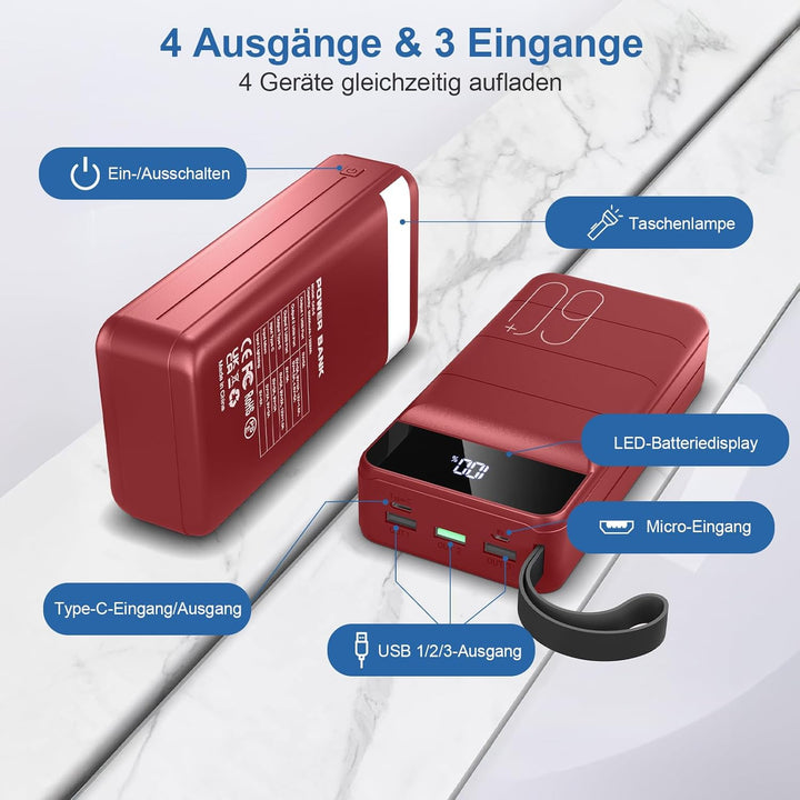 Power Bank 60000mah, 22,5W USB-C Schnellladegerät,Power Bank 4 Ausgängen 3 Eingängen, Externer Akku