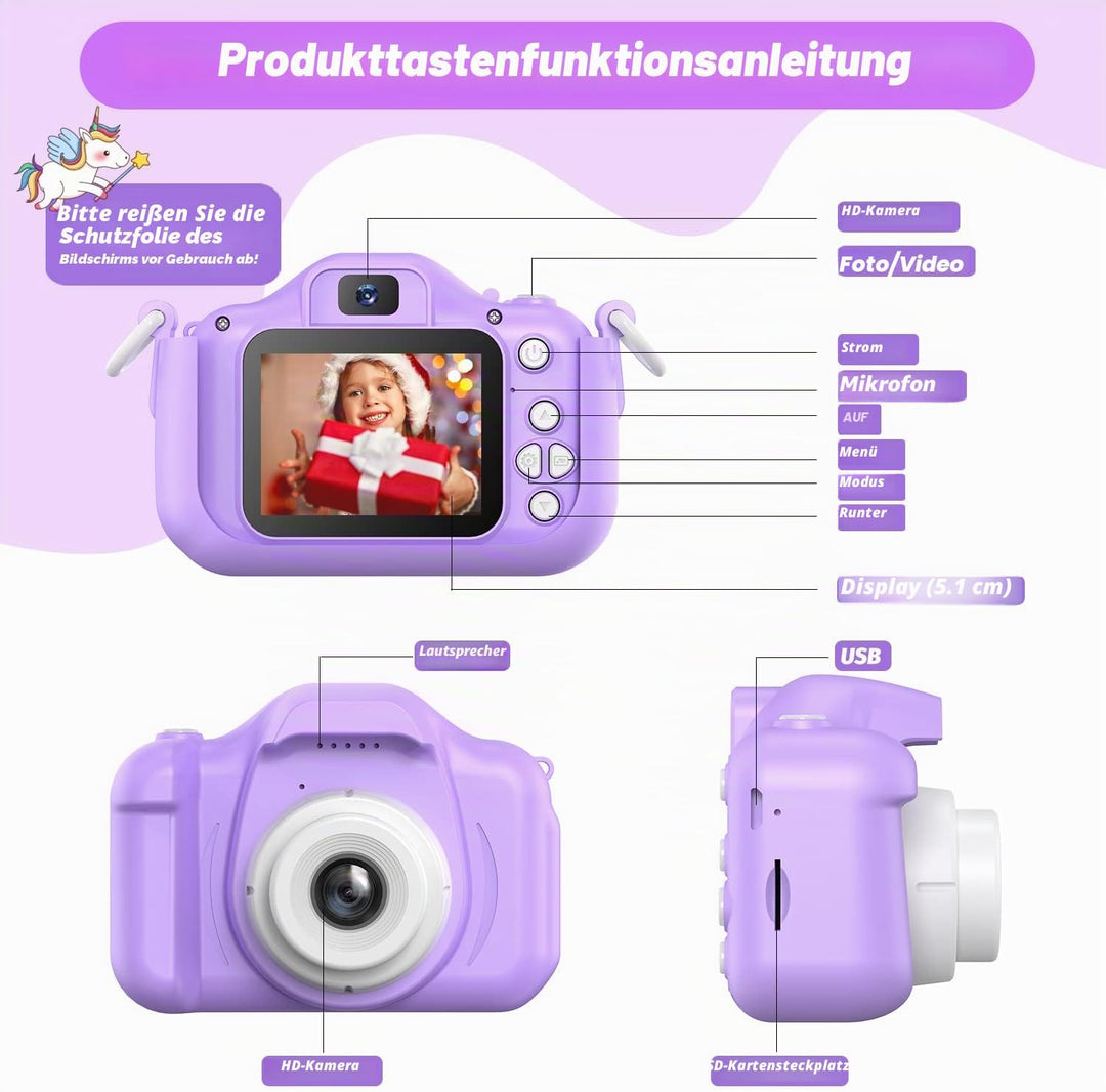 HOOMOON Dinosaurier Kamera für Kinder, Selfie-Kamera, Spielzeug, Mädchen, Jungen, SD-Karte 32 GB, HD
