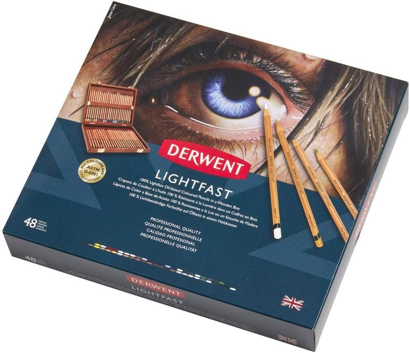 Derwent Lightfast Lichtechte Farbstifte in Geschenk-Box aus Holz, Zeichnen &amp; Ausmalen, 48er-Set, Ide