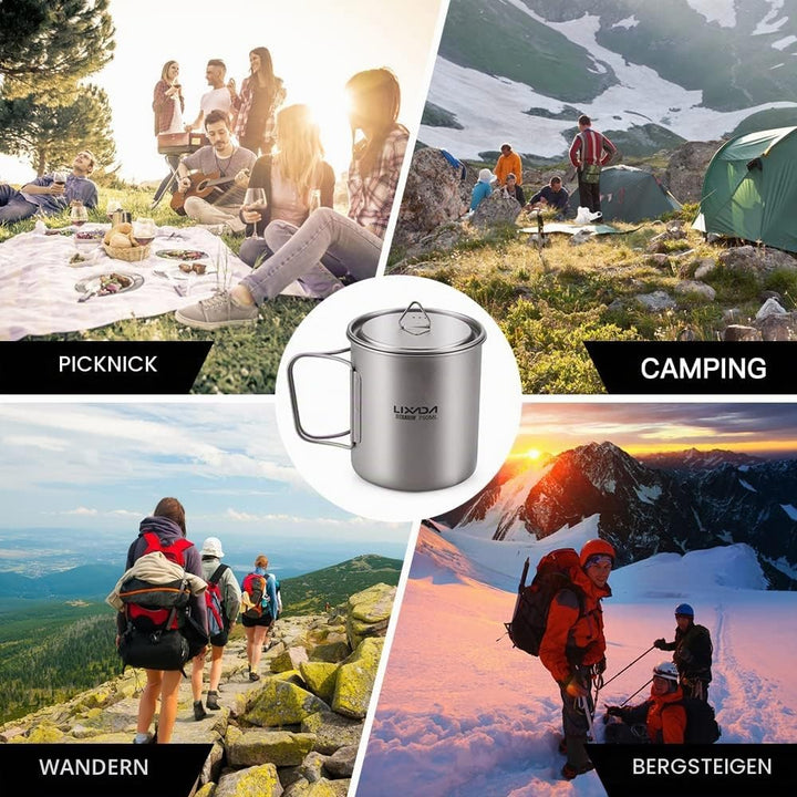 Lixada Titanium Topf Camping Tragbar Titan Wasser Tragbar Becher Tasse Klappgriff(300 ml,350 ml,420m