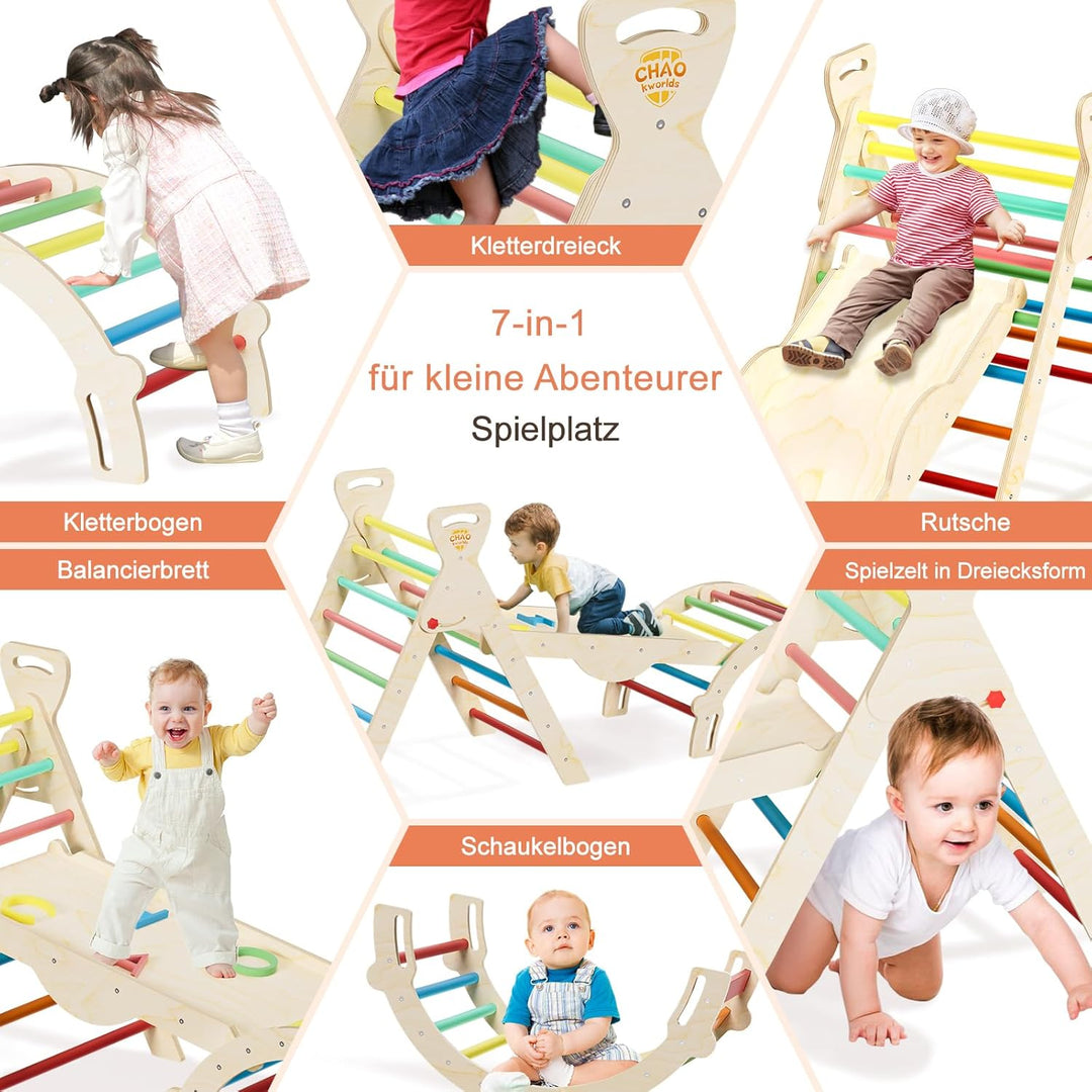 Pikler Dreieck 8-in-1 klappbar, Montessori Klettergerüst Indoor aus Holz mit Rutsche, Kletterbogen u