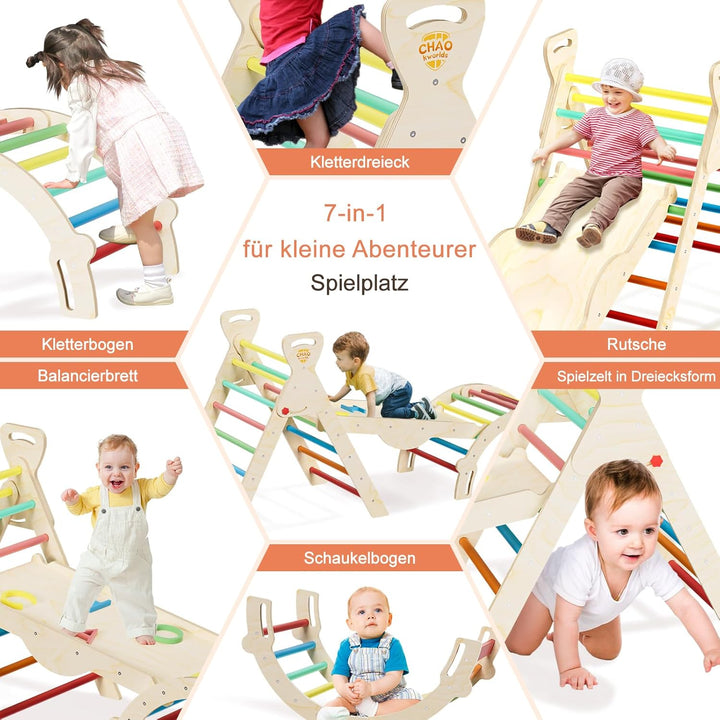 Pikler Dreieck 8-in-1 klappbar, Montessori Klettergerüst Indoor aus Holz mit Rutsche, Kletterbogen u