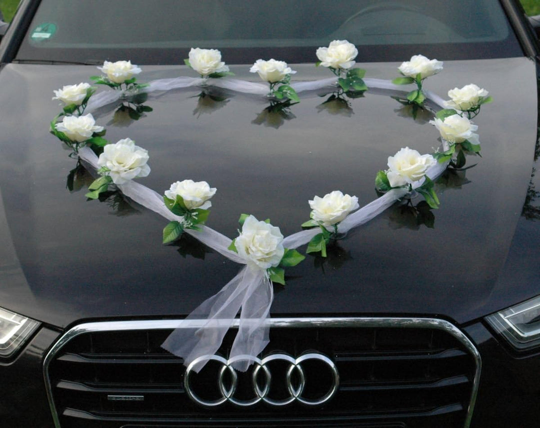 Organza Herz Auto Schmuck Braut Paar Rose Deko Dekoration Autoschmuck Hochzeit Car Auto Wedding Deko