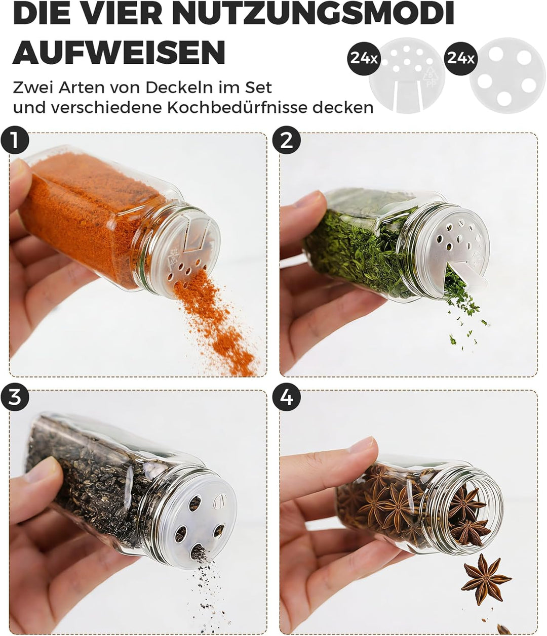 Gewürzgläser Set Eckig 24x120ml – Luftdichte Gewürzdosen Glas mit Streuaufsätzen & Etiketten – Schwa