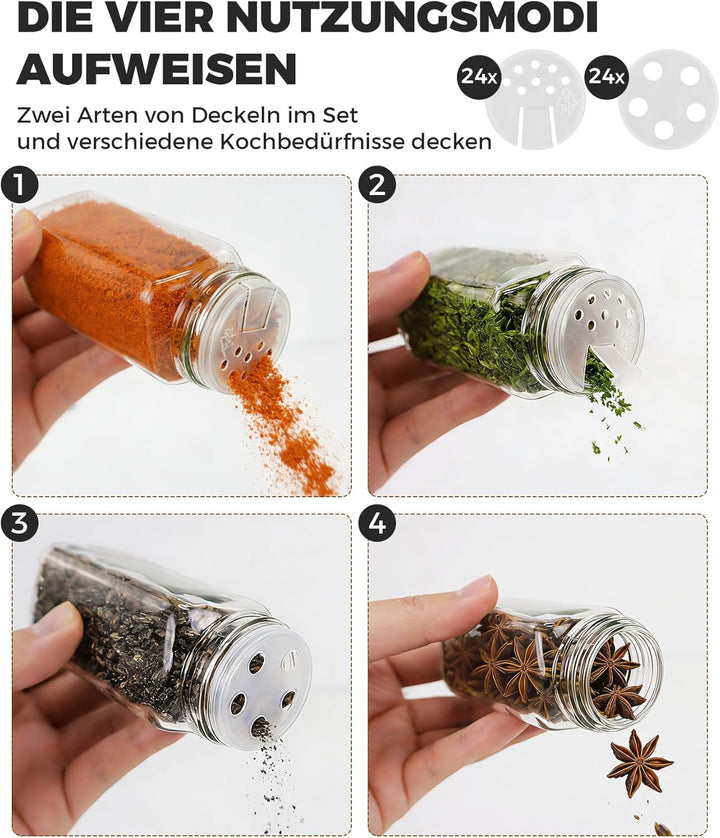 Gewürzgläser Set Eckig 24x120ml – Luftdichte Gewürzdosen Glas mit Streuaufsätzen & Etiketten – Schwa
