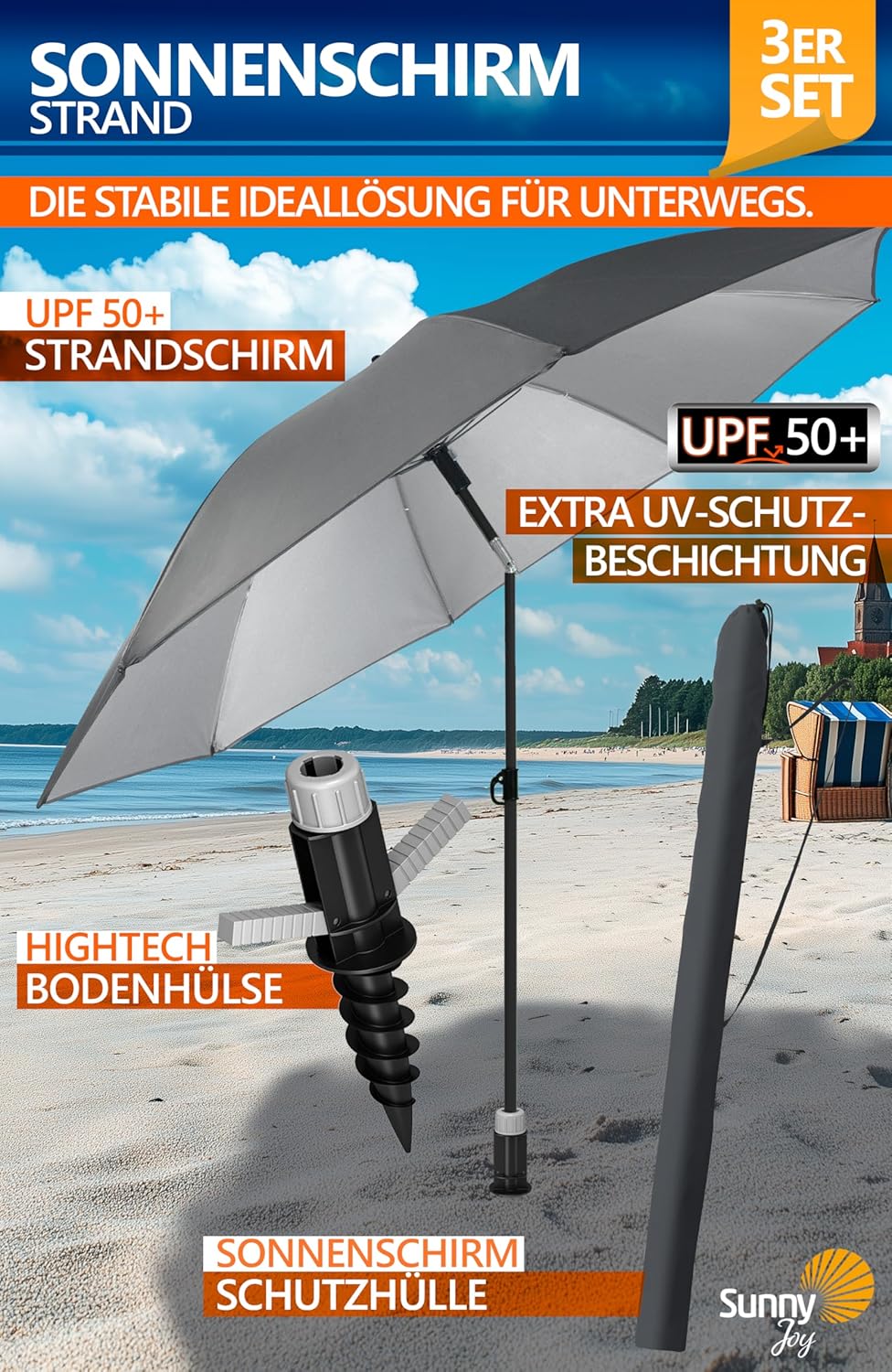 4smile Sonnenschirm Strand SunnyJoy Ø 180 cm, 3-IN-1 Set - UPF 50+ Strandschirm + Sonnenschirm Schut