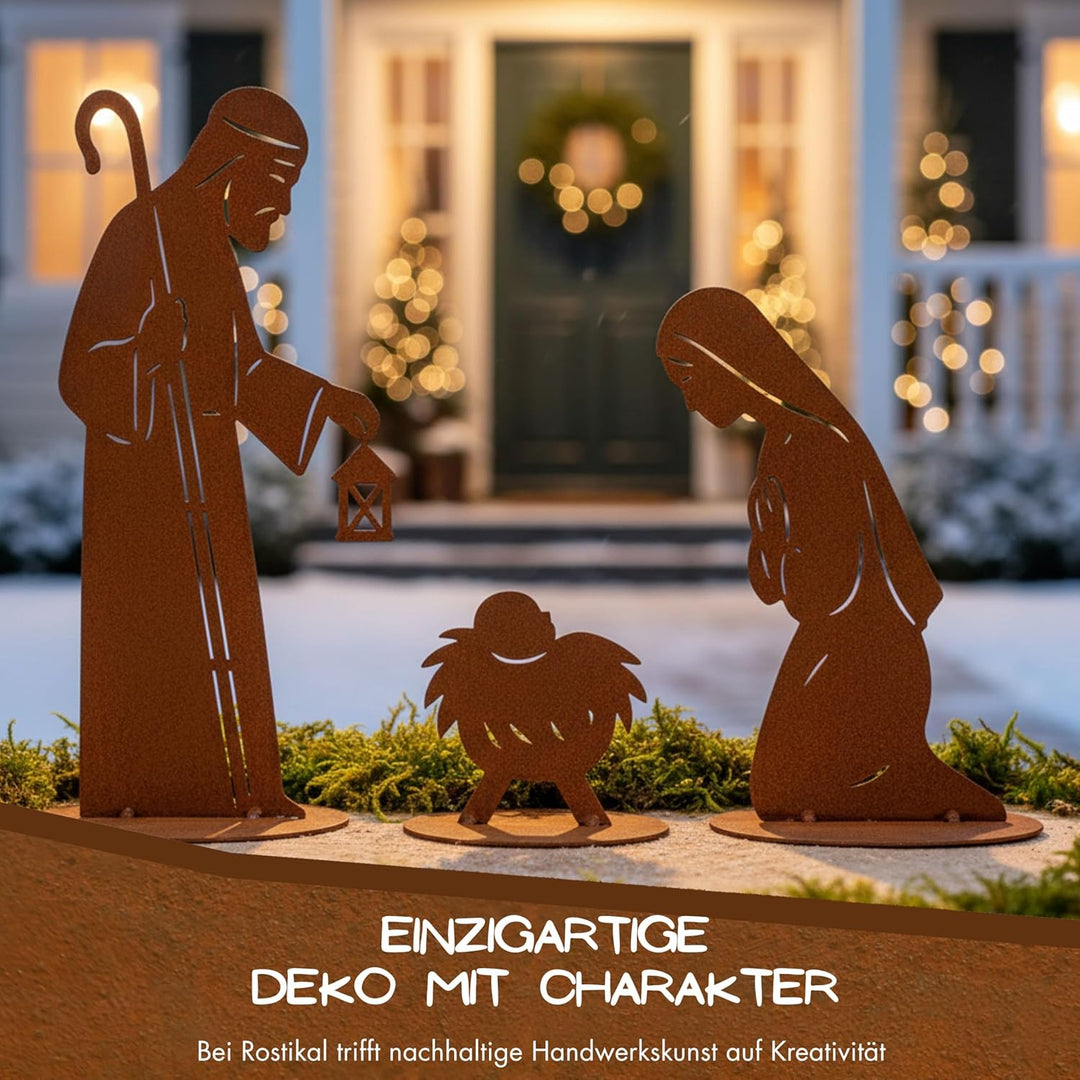 Rostikal Weihnachtskrippe 3-teilig 30 cm – Krippe Metall aus Edelrost auf Standplatten – Tischdeko W