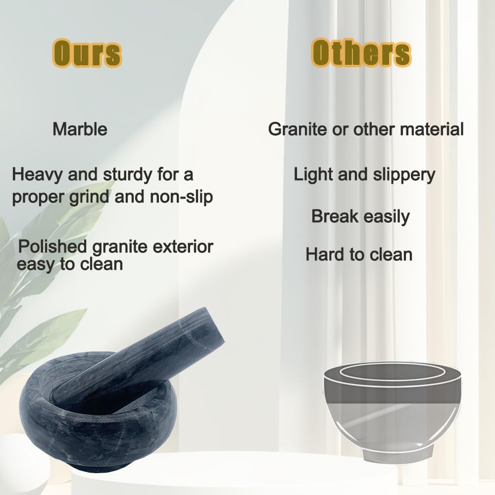Hibuco Mörser mit Stössel Marmor Ø 9 cm GrauWeiss,Hochwertiger Steinmörser für Gewürze & Kräuter – R
