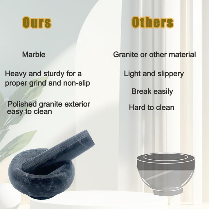 Hibuco Mörser mit Stössel Marmor Ø 9 cm GrauWeiss,Hochwertiger Steinmörser für Gewürze & Kräuter – R