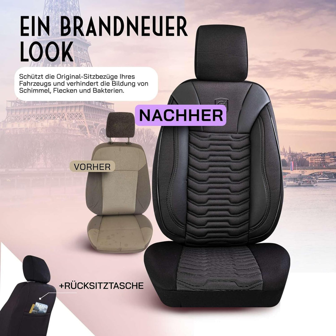 Autositzbezüge Universal für PKW & SUV – Premium Vordersitze Auto Sitzbezug aus Piqué-Stoff, Schwarz