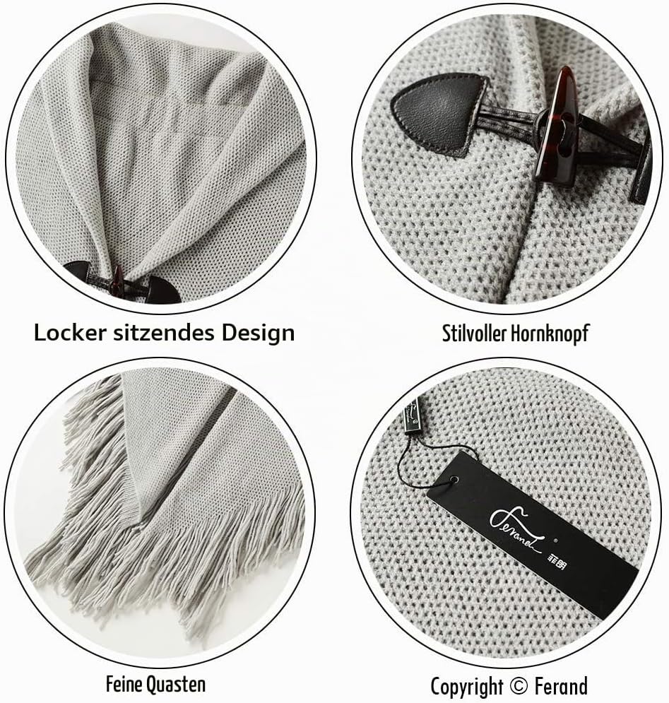 Ferand Damen Poncho Locker sitzender Cape Schal mit offener Vorderseite für Herbst und Winter Grau,