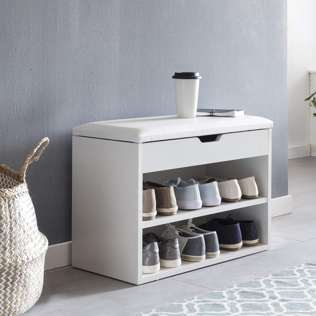 Wohnling Schuhbank mit Sitzfläche Weiss Garderoben-Bank Holz 60 x 40 x 30 cm, Holzbank klein gepolst
