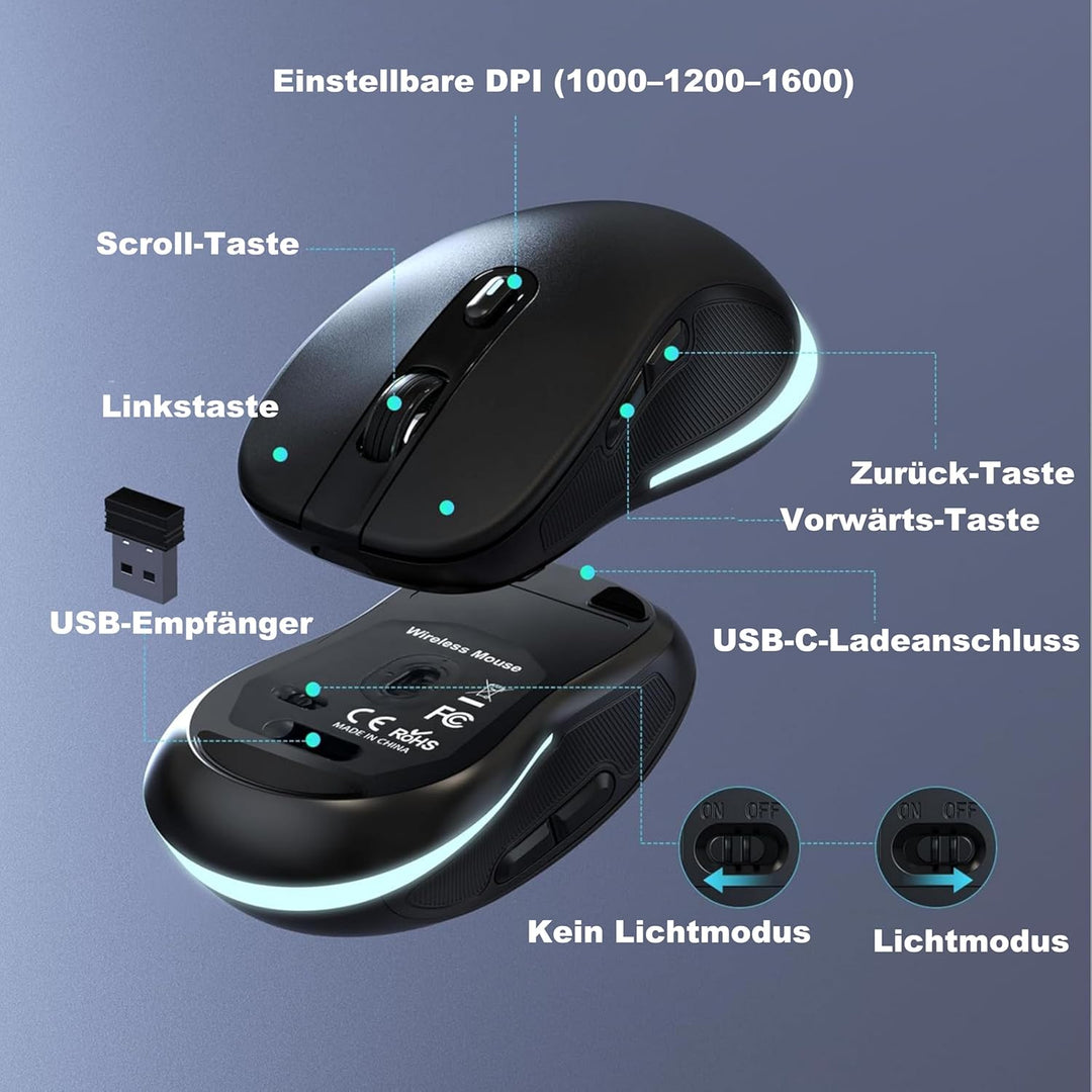 2,4-GHz Kabellose Beleuchtete Tastatur &amp; Maus Set, QWERTZ | 3 Helligkeitsstufen, Sanfte weisse Hinte