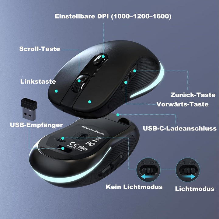 2,4-GHz Kabellose Beleuchtete Tastatur &amp; Maus Set, QWERTZ | 3 Helligkeitsstufen, Sanfte weisse Hinte